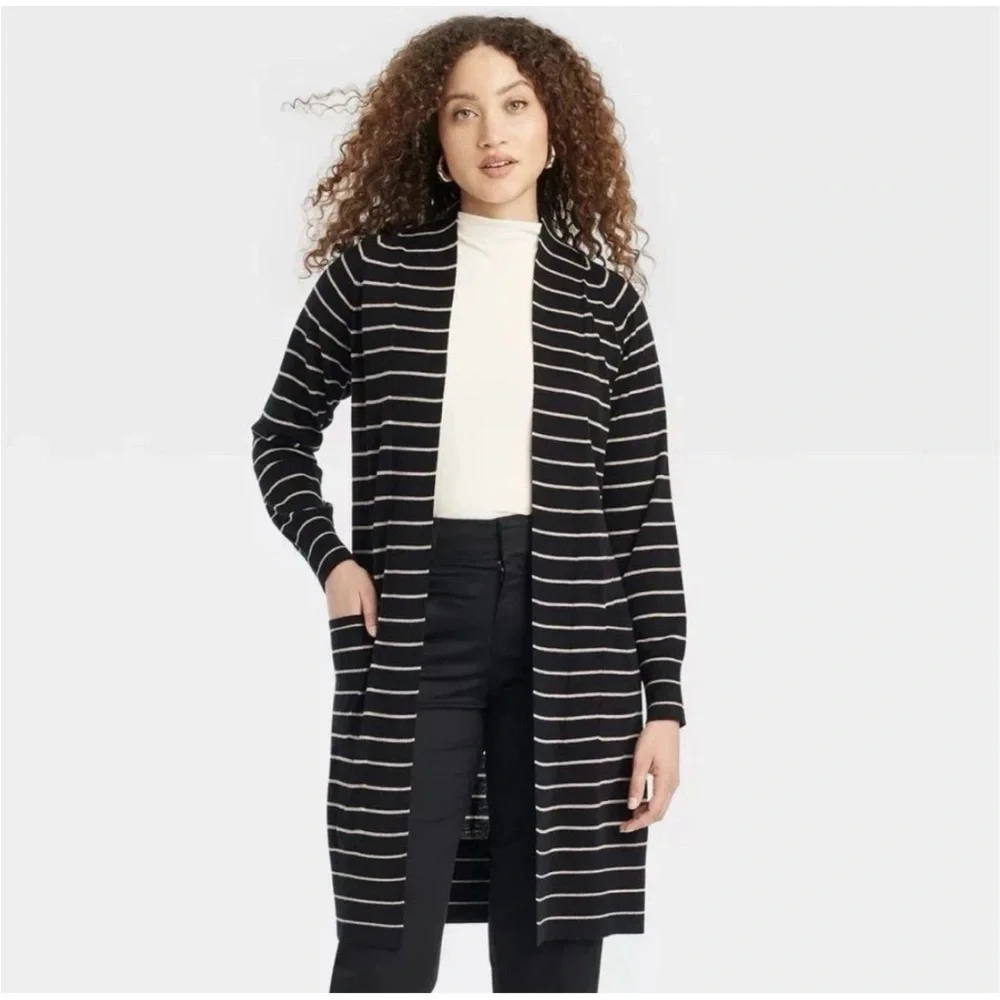 a new day Black Open Cardigan Sweater with Beige Stripes Small